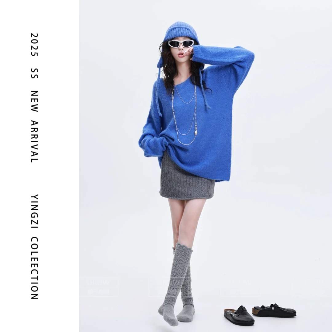 颖子定制【私藏信箱】慵懒风宽松百搭针织衫休闲纯色斜肩上衣6672