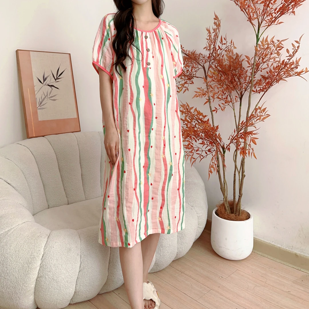 薄款印花短袖夏季睡裙女时尚透气宽松居家韩版甜美纯棉长裙休闲