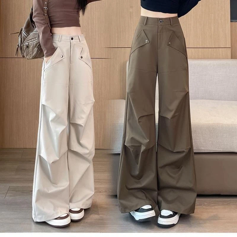 美式设计感阔腿工装裤女款2025春秋登山裤女小个子拖地直筒裤长裤