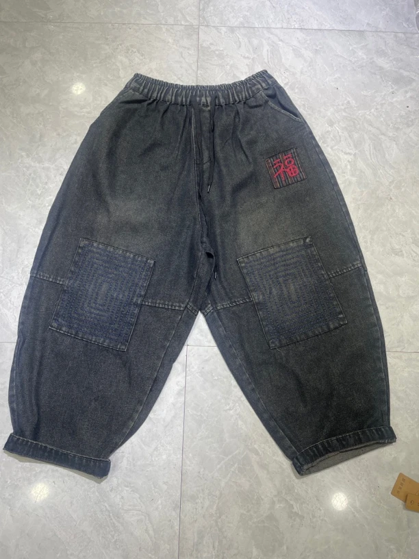 020早春重工福子刺绣炒色系牛仔哈伦裤