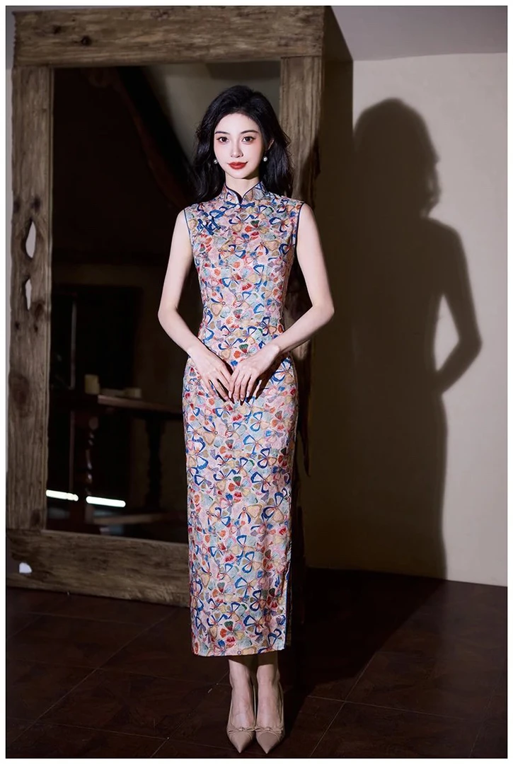 中长款旗袍高开衩少女无袖日常夏季复古风常规袖