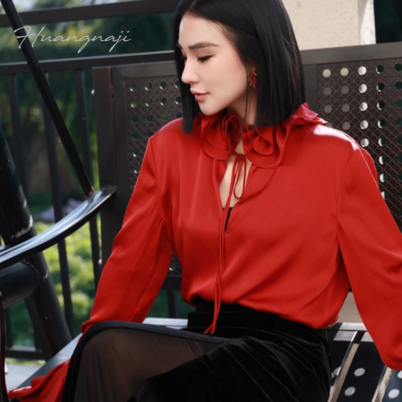 【妙妙精选】HUANGNAJI绯颜-设计感时尚气质红色桑蚕丝上衣1167