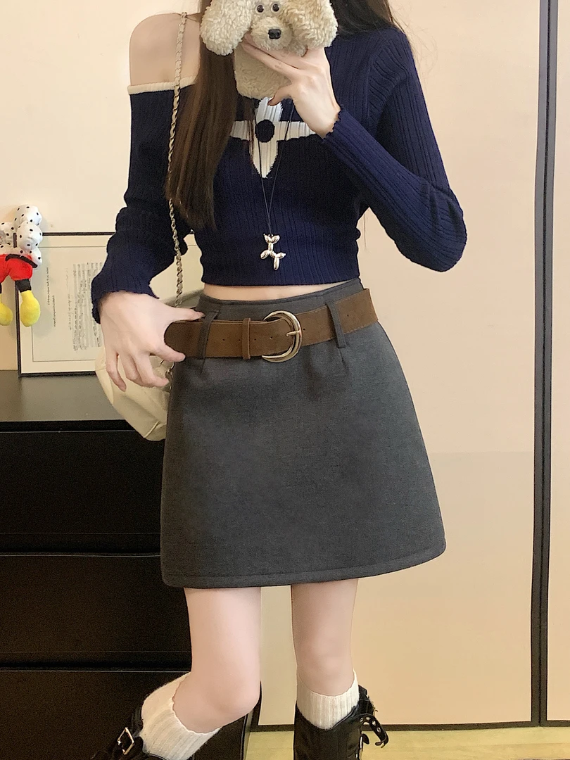 【配腰带】韩系复古简约纯色毛呢半身裙女秋冬高腰显瘦A字包臀裙子