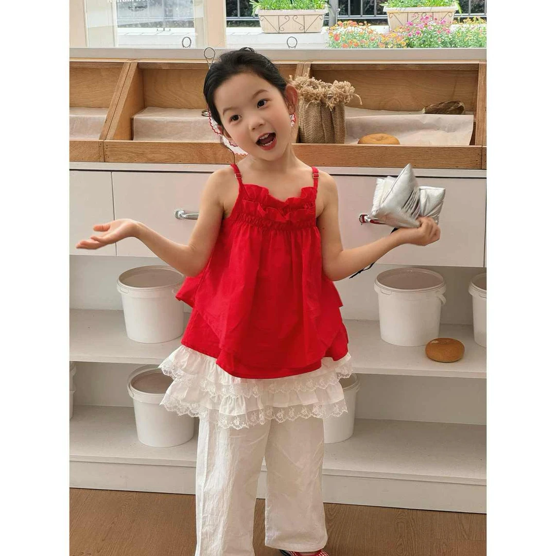 秘密花园2025夏季韩系清新木耳边吊带衫裤子套装X92+86