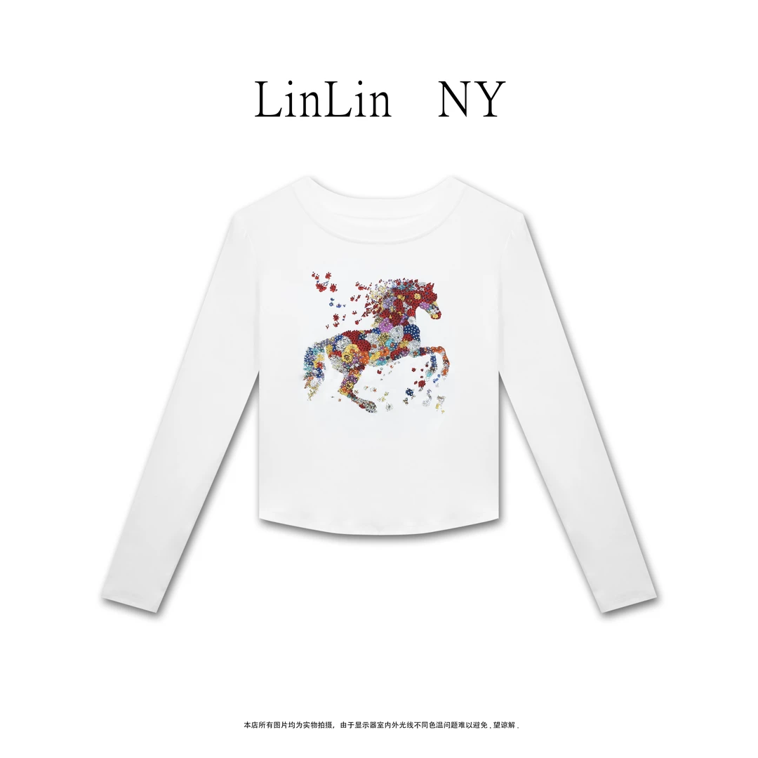 X-秋季新款刺绣百搭修身高弹圆领简约长袖女士针织T恤上衣-GT307