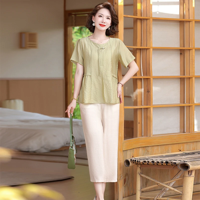母亲节年轻妈妈装夏季短袖小衫时尚套装中老年女夏装薄款t恤上衣
