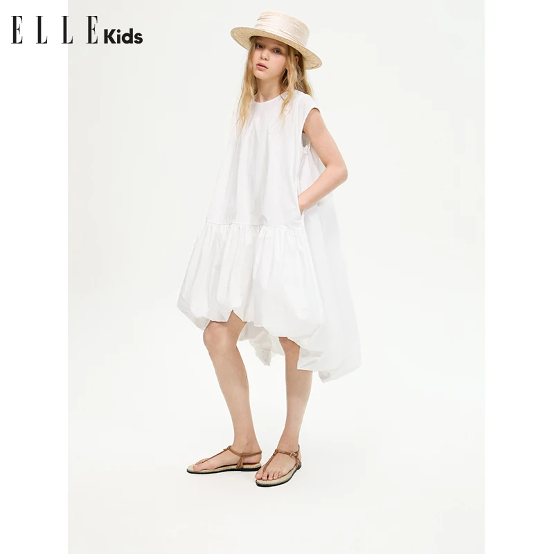 ELLE KIDS 法式大裙摆蓬蓬连衣裙女童夏季新款氧气感花苞裙子A1