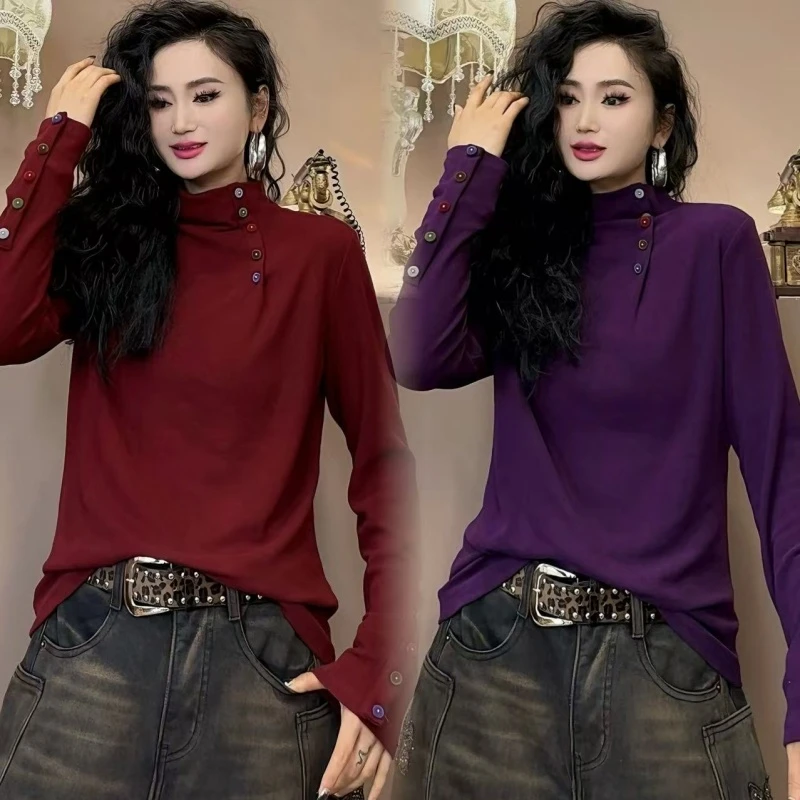 【亿火】秋季长袖显瘦半高领镂空保暖标准内搭通勤T恤-G12-7027