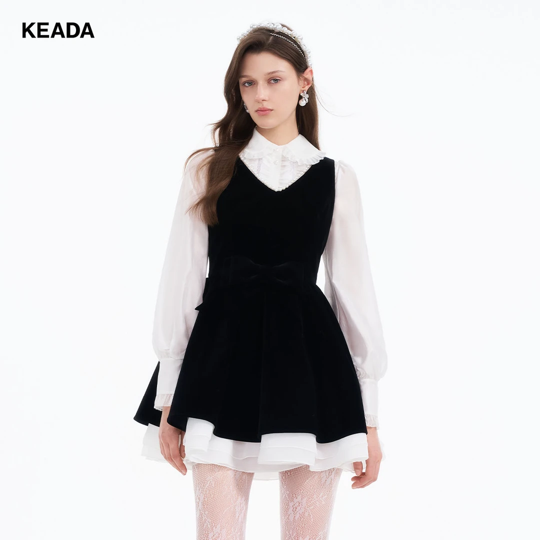 KEADA连衣裙黑色丝绒拼接珍珠领口高级感连衣裙KSD3089365