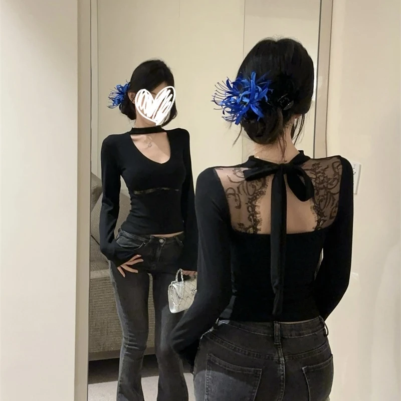 加绒蕾丝拼接挂脖v领气质长袖修身打底衫秋冬辣妹露背显瘦上衣女