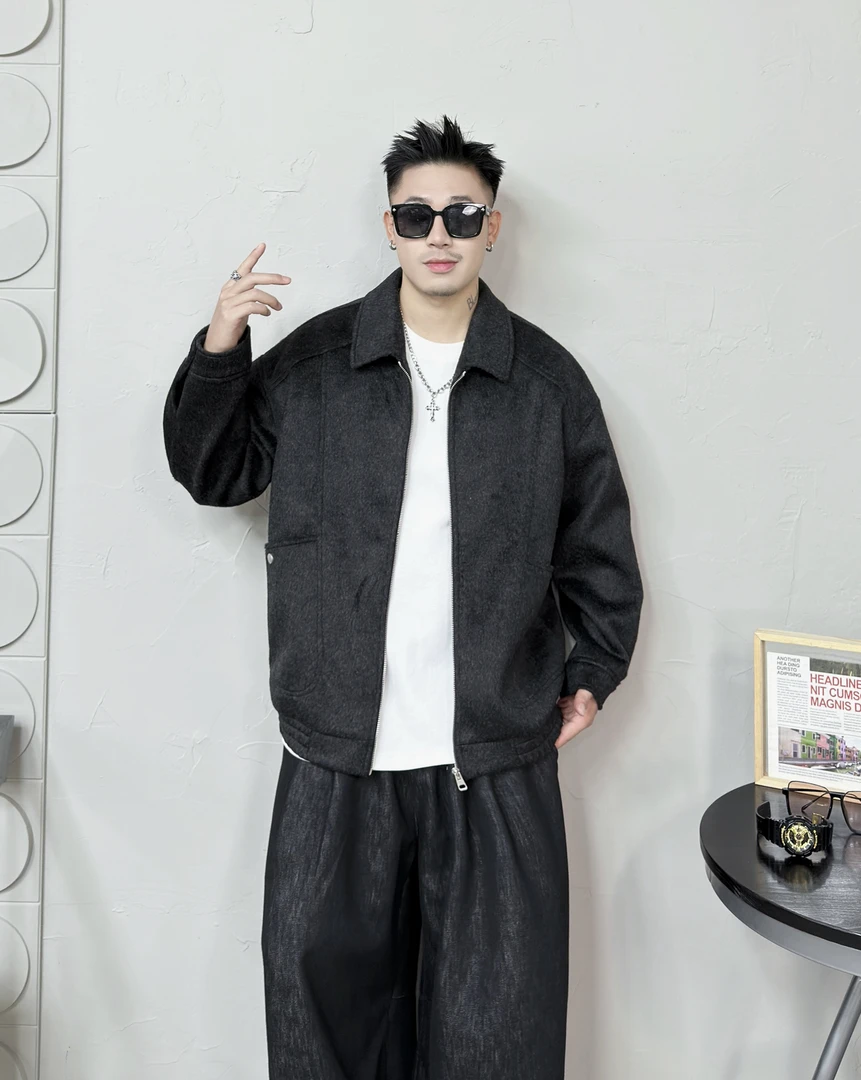 轻奢原创冬季棉羊毛保暖百搭拼接百搭翻领长袖毛呢夹克外套912