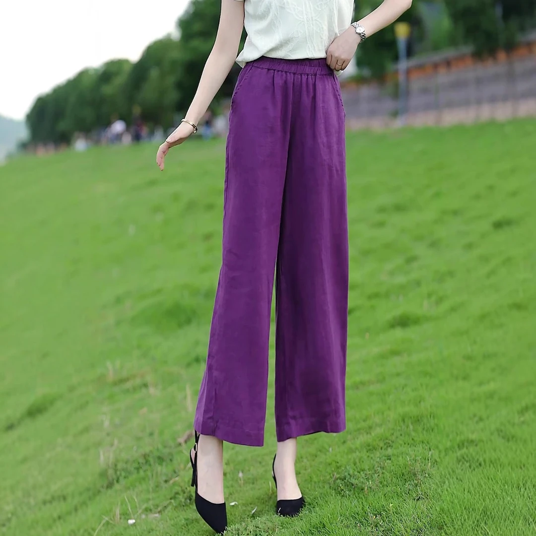 紫色裤子女夏天薄款2025新款遛弯裤高腰韩系松弛感妈妈休闲阔腿裤