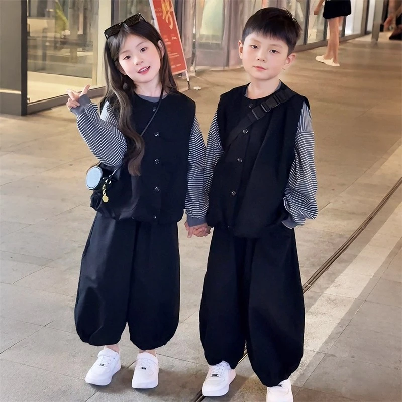 女童秋装2025新款女孩韩范条纹T恤马夹三件套衣服9岁10时尚13穿搭
