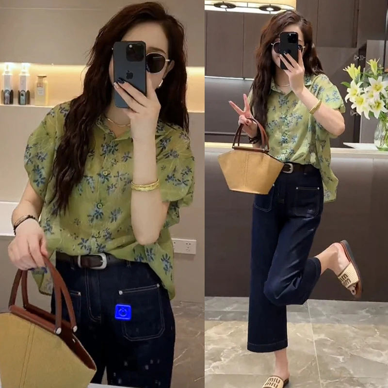 2025年夏季时尚新款碎花短袖衬衫百搭显瘦直筒八分牛仔裤两件套女