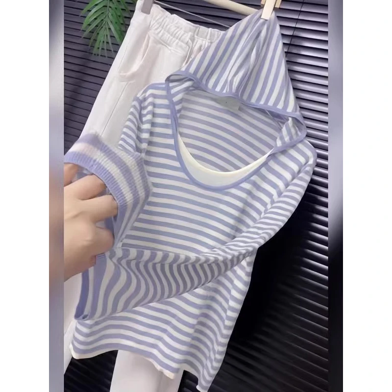 假两件蓝色连帽条纹针织衫百搭轻薄舒适慵懒内搭长袖上衣欧货早秋