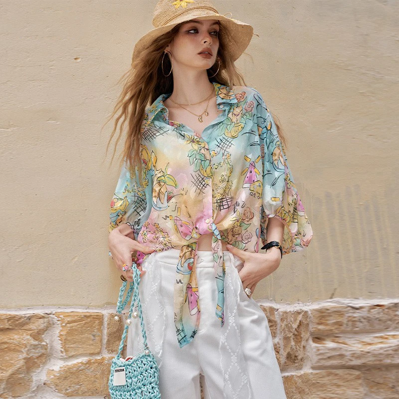 【同款低价】妖精的趣味满印系带长袖衬衫女2025夏款度假风沙滩上衣