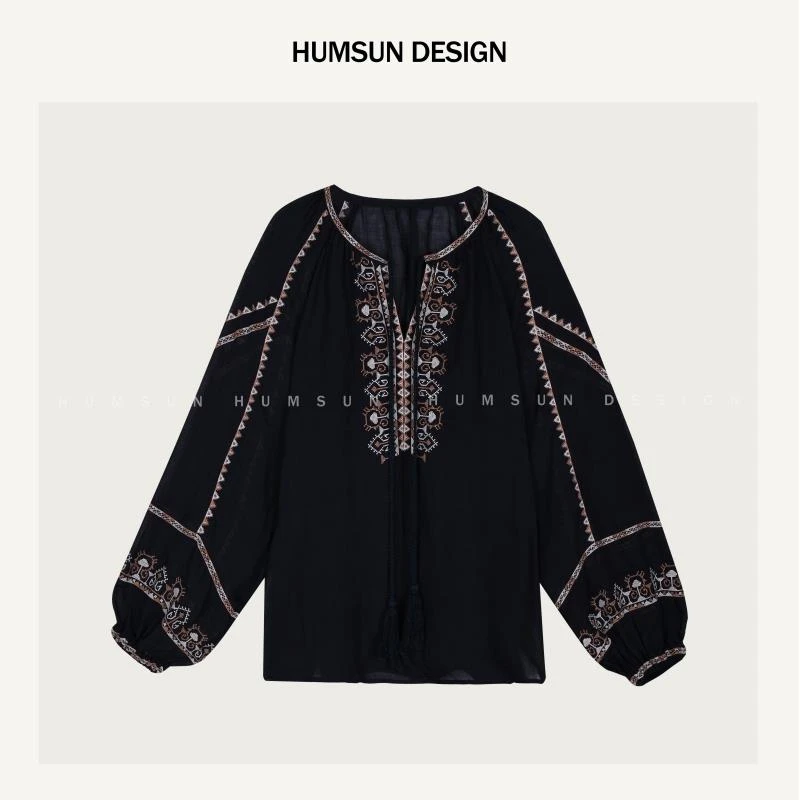 HUMSUN/禾木笙「蓝风序」定染苎麻莱赛尔重工刺绣灯笼袖衬衫 5B507