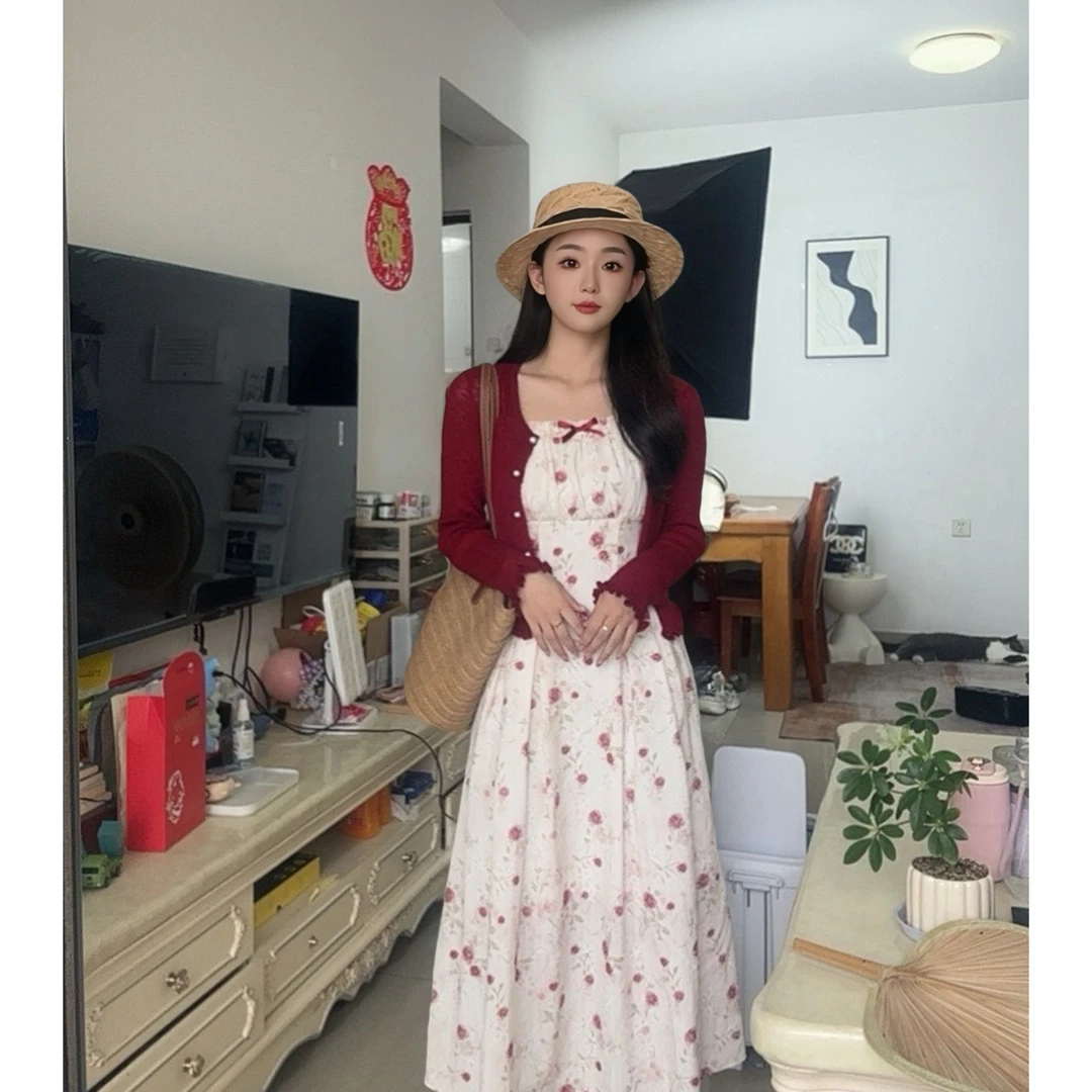 【小蓝严选】碎花提花修身时尚温柔两件套装外套裙气质