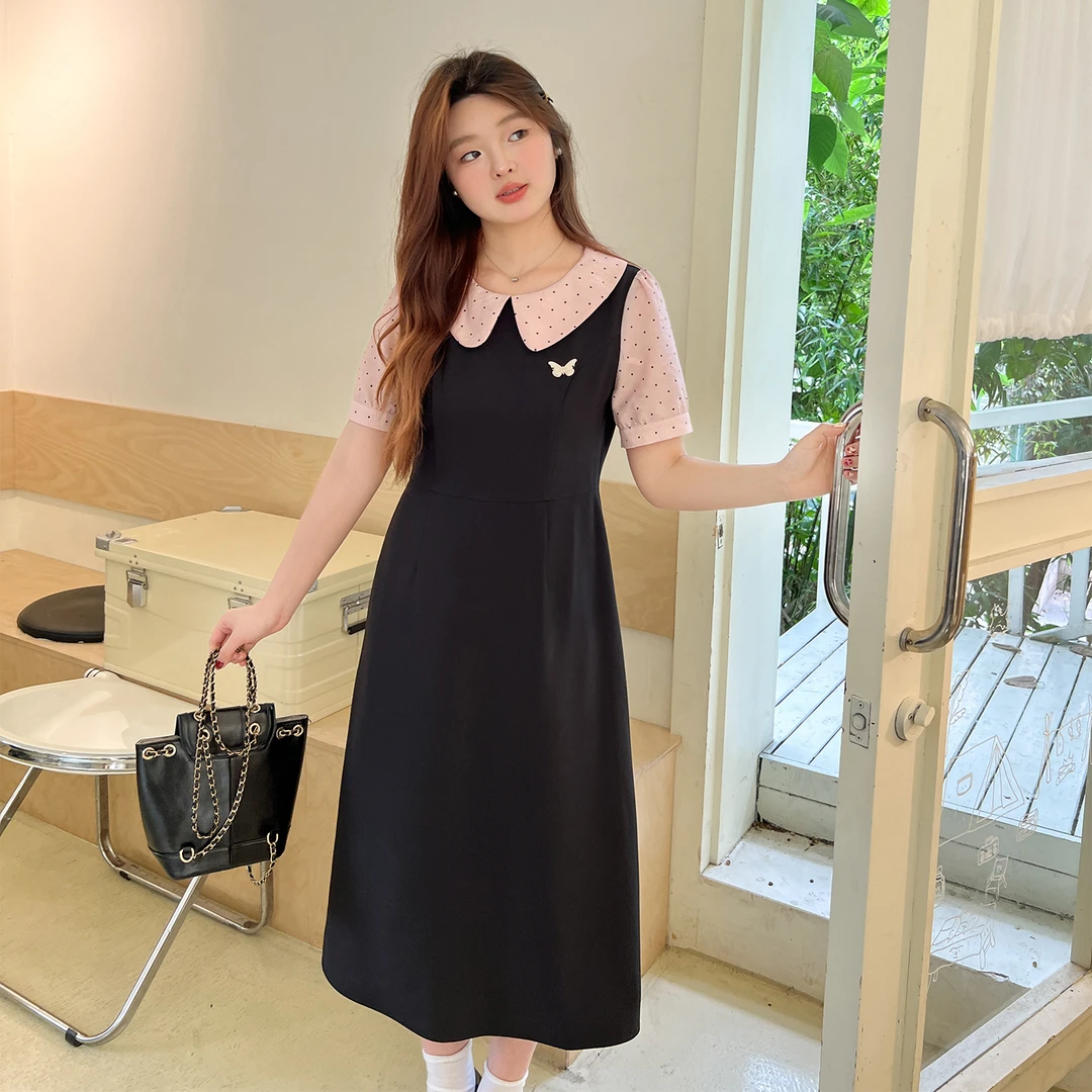 【夏季新品】大码百分百时尚显瘦百搭胖mm波点拼接连衣裙1024