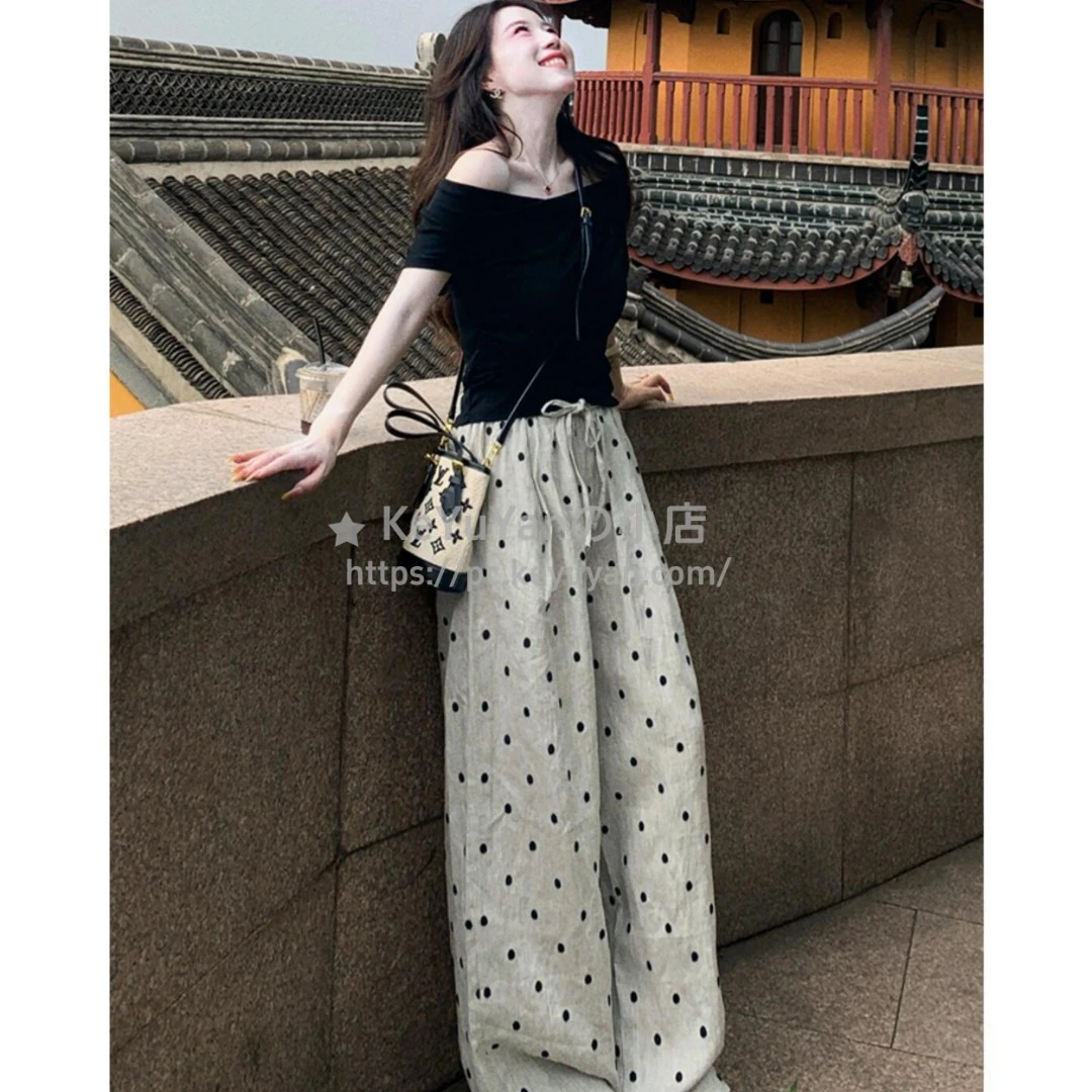 波点亚麻弯刀裤女夏季薄款2025新款小个子高腰显瘦休闲冰丝阔腿裤