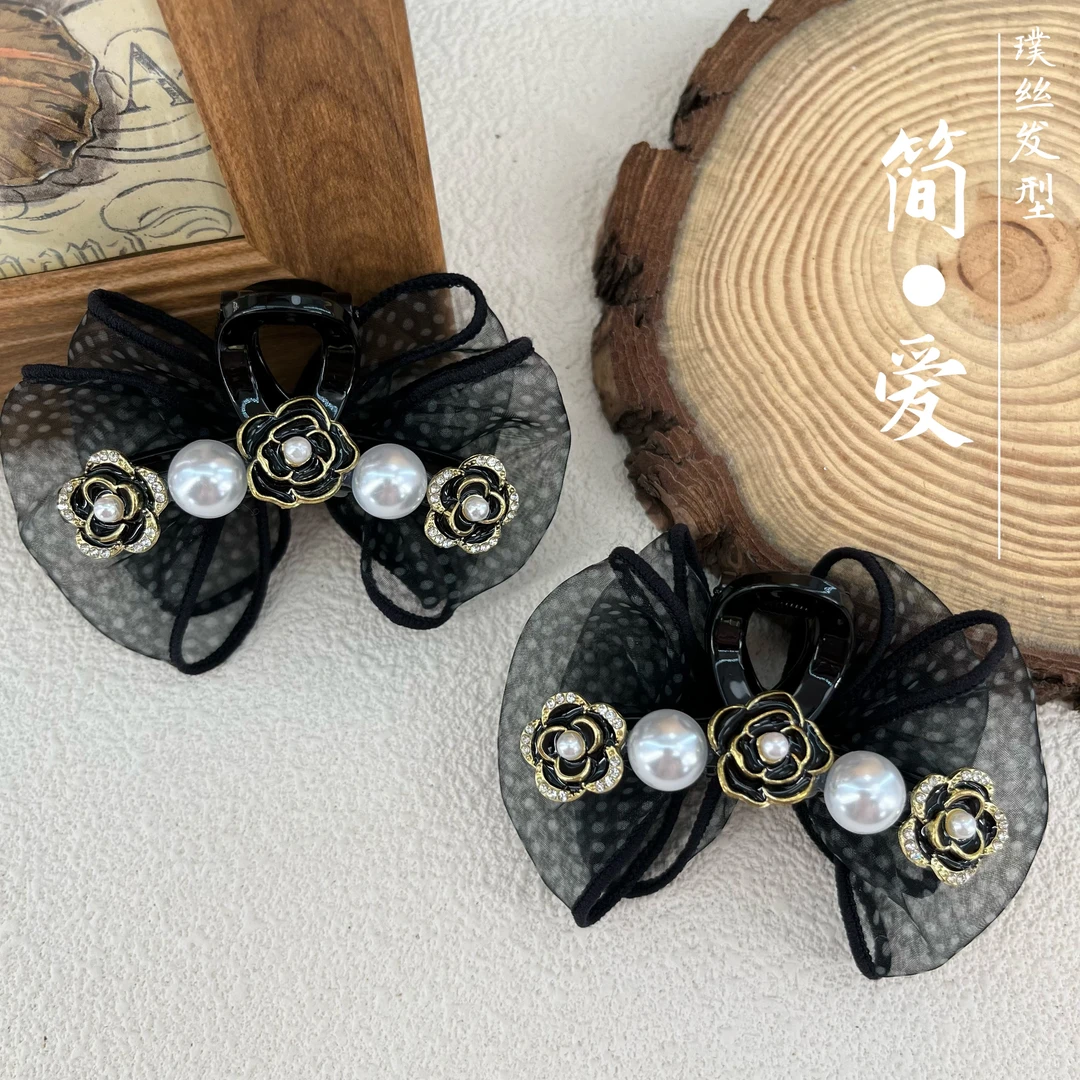 简约复古小香风AB面黑色波点网纱山茶花抓夹发饰7cm