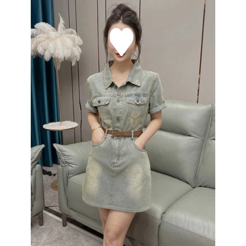 2025美式复古牛仔连衣裙女气质夏季新款短袖收腰显瘦裙子修身显瘦