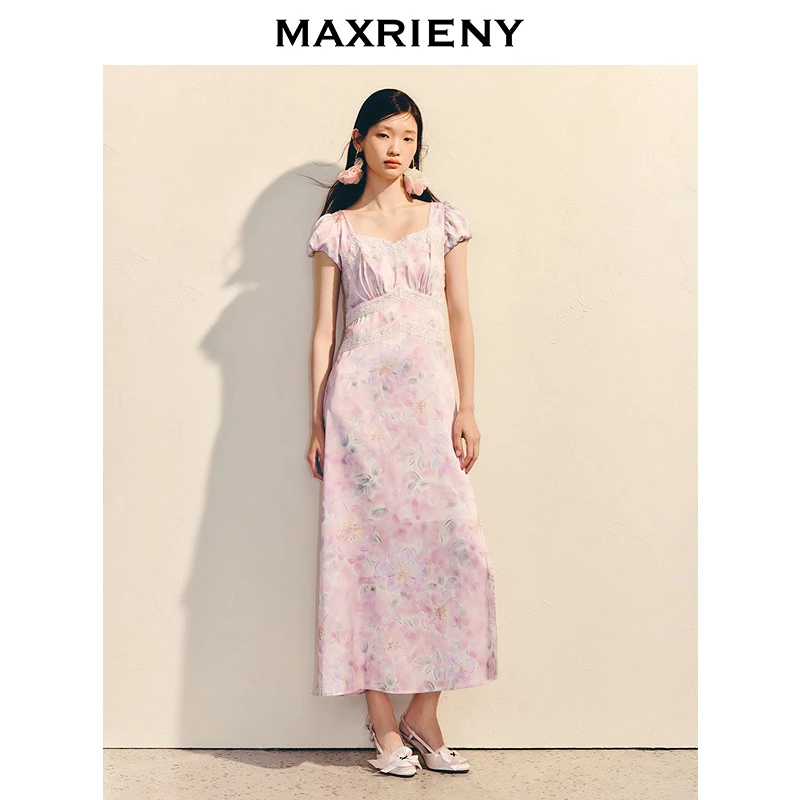 【蜜思仝】MAXRIENY蕾丝连衣裙收腰设计紫花印花长裙茶歇裙25夏款