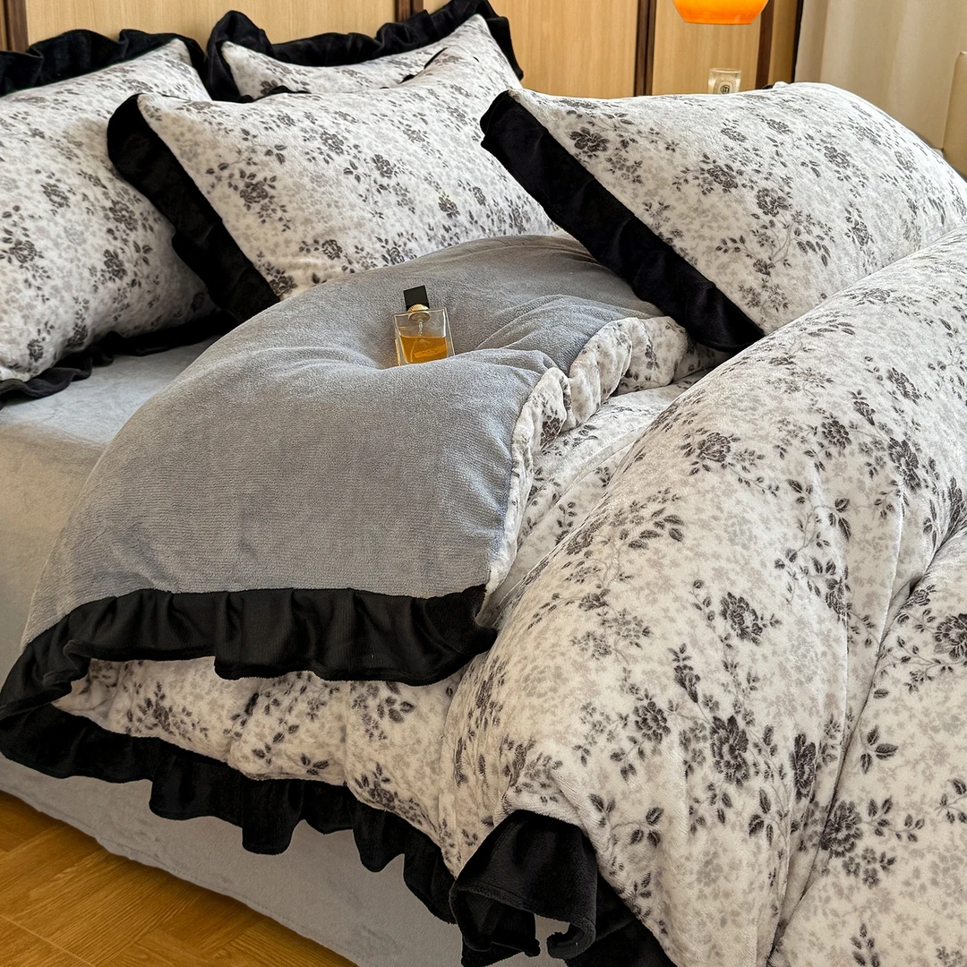 法式赫本风床盖款牛奶绒床上四件套洛丽塔花边被套床单床笠三件套