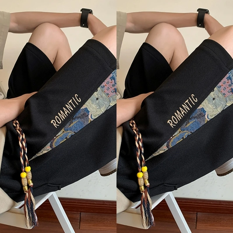 刺绣拼接运动短裤男夏季薄款美式复古高街ins潮牌宽松休闲五分裤5