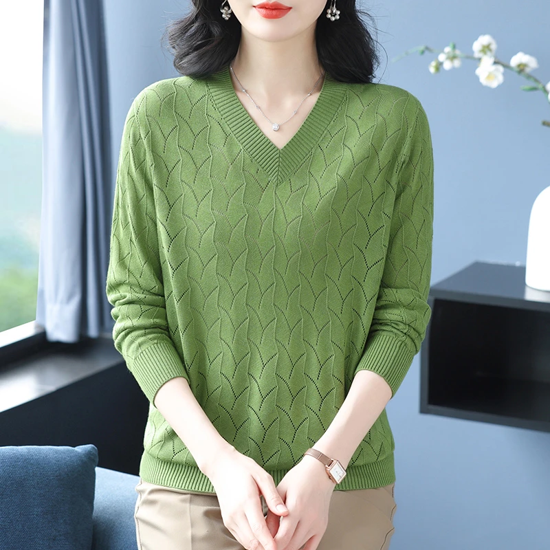 2025新款v领长袖百搭春秋时尚洋气气质宽松女针织衫wh12
