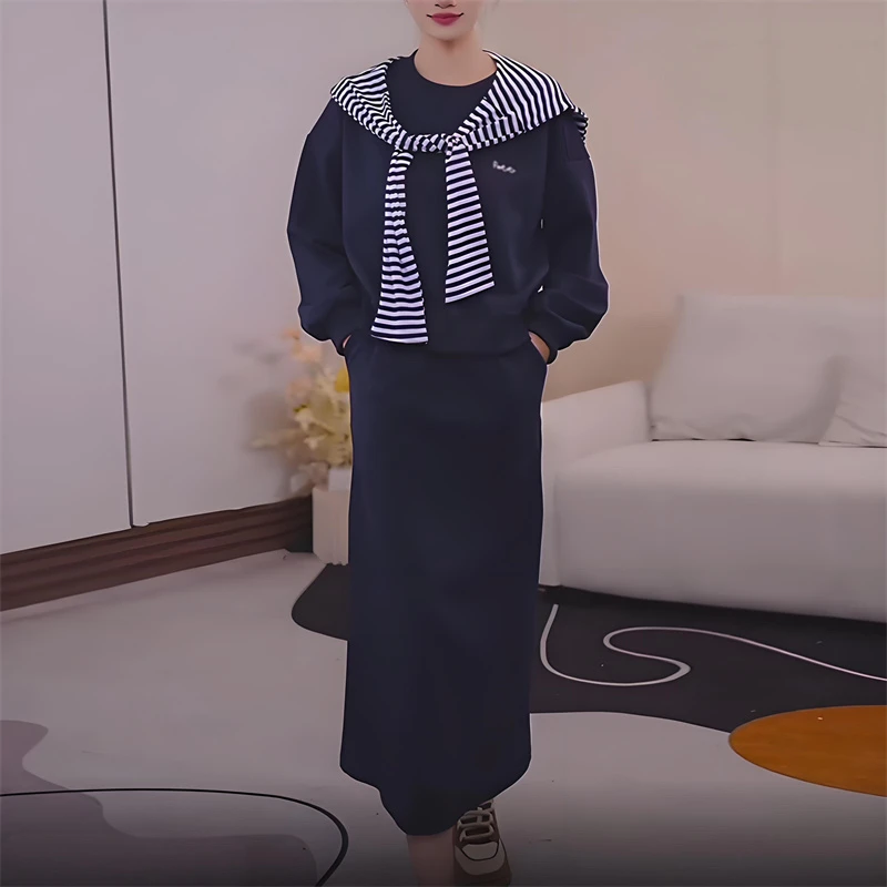 韩系字母印花卫衣披肩半身裙时尚套装女秋季新款设计感休闲三件套