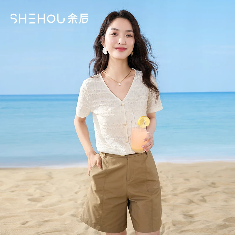 【品牌折扣】佘后复古风纯色V领T恤女洋气百搭显瘦气质衬衫