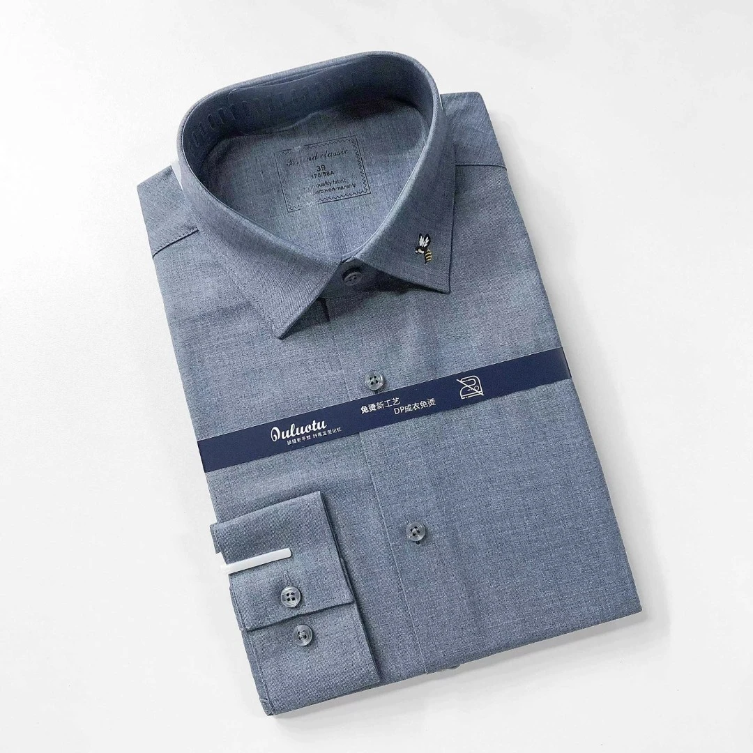 DP免烫男士领子刺绣小蜜蜂衬衫白色商务修身轻奢纯色职业抗皱衬衣