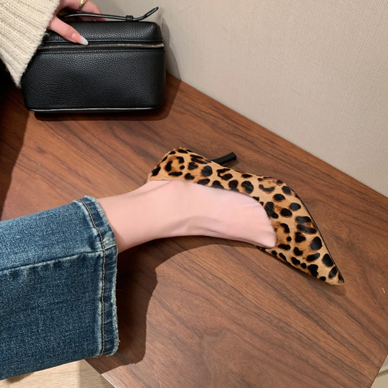 气质法式复古马毛豹纹尖头高跟鞋2025春季新款性感浅口细跟单鞋女