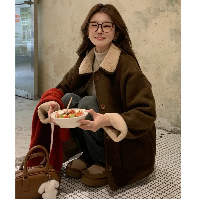 两面穿皮毛一体羊羔绒棉服翻领麂皮复古高级感毛毛厚外套秋冬季女