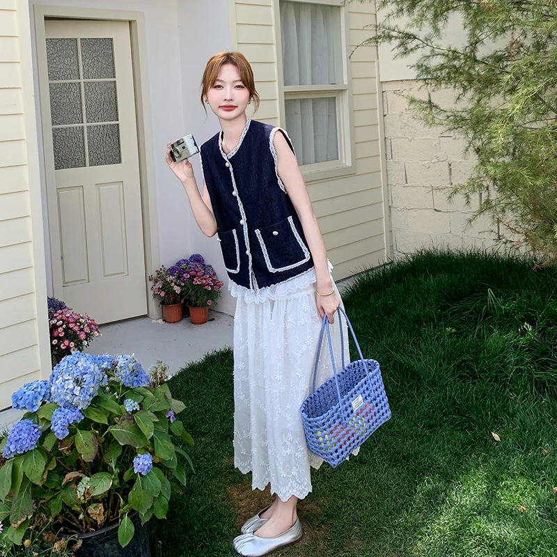 甜美气质绝美套装裙女2025夏季新款蕾丝花边牛仔马甲半身裙两件套