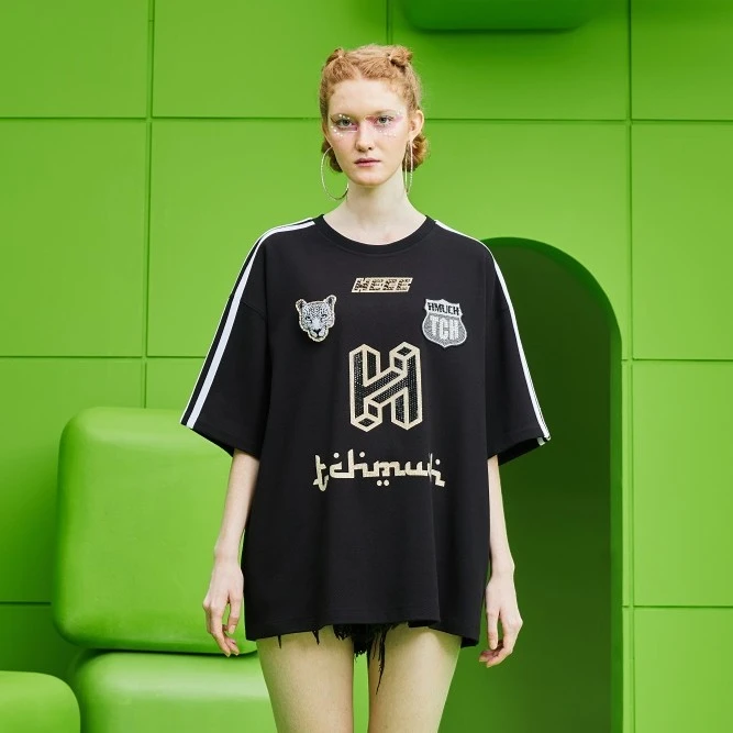 TCH服饰店播-潮牌烫钻立体手工豹头字母休闲情侣短袖S69A106094