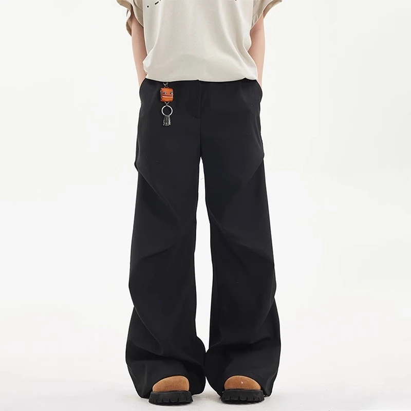 大码美式褶皱直筒阔腿休闲裤女夏季薄款梨形身材高腰宽松显瘦长裤