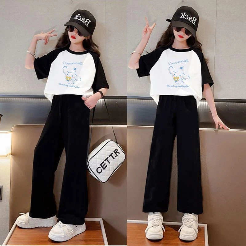 纯色夏季女童休闲上衣童装套头插肩袖套装儿童宽松女撞色插肩童