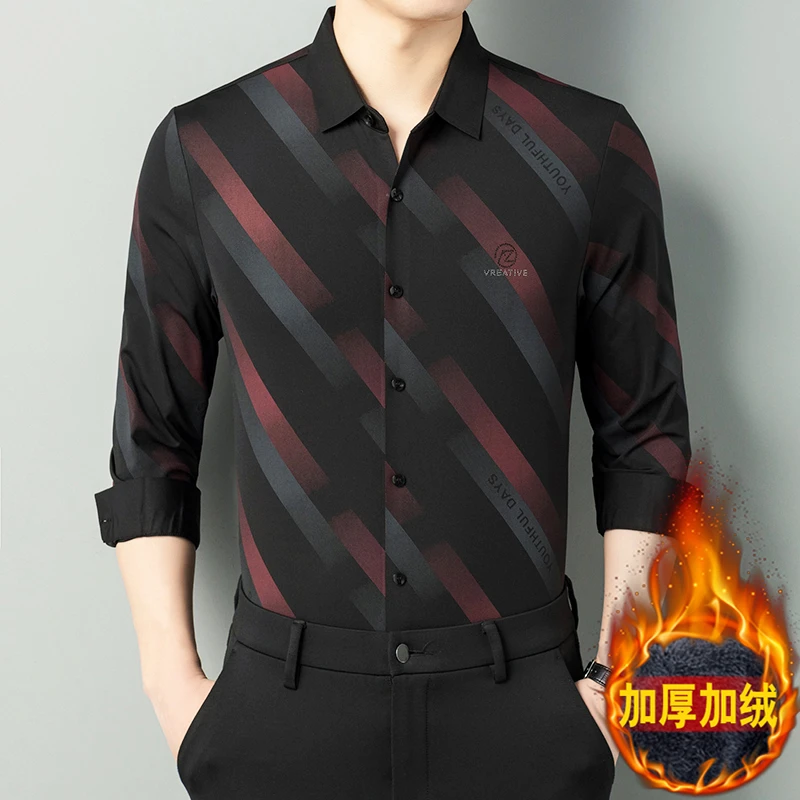 卡尔皮诺2219冬季加绒保暖修身衬衣弹力无痕轻奢时尚男士高档衬衫