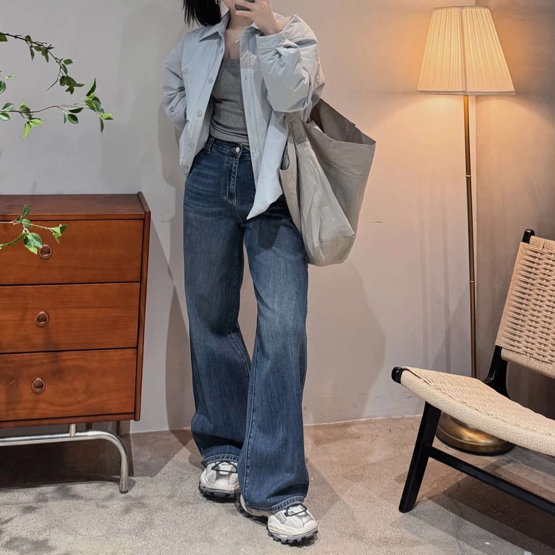 今婷韩系蓝色高腰时尚休闲百搭复古宽松水洗工装牛仔裤-H25101318
