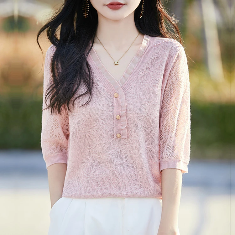 鄂尔多斯市木耳边针织衫短袖时尚百搭薄款上衣螺纹宽松显瘦T恤女