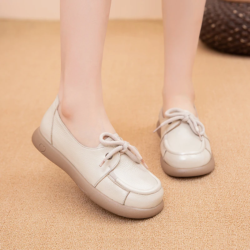 头层牛皮单鞋女平底鞋2025新款秋季豆豆鞋软底孕妇鞋休闲妈妈鞋
