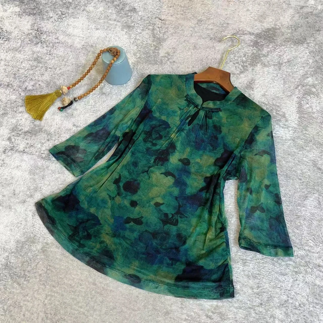 知羽.香云 100桑蚕丝弹力网纱新中式旗袍领春夏显瘦上衣ZY5333