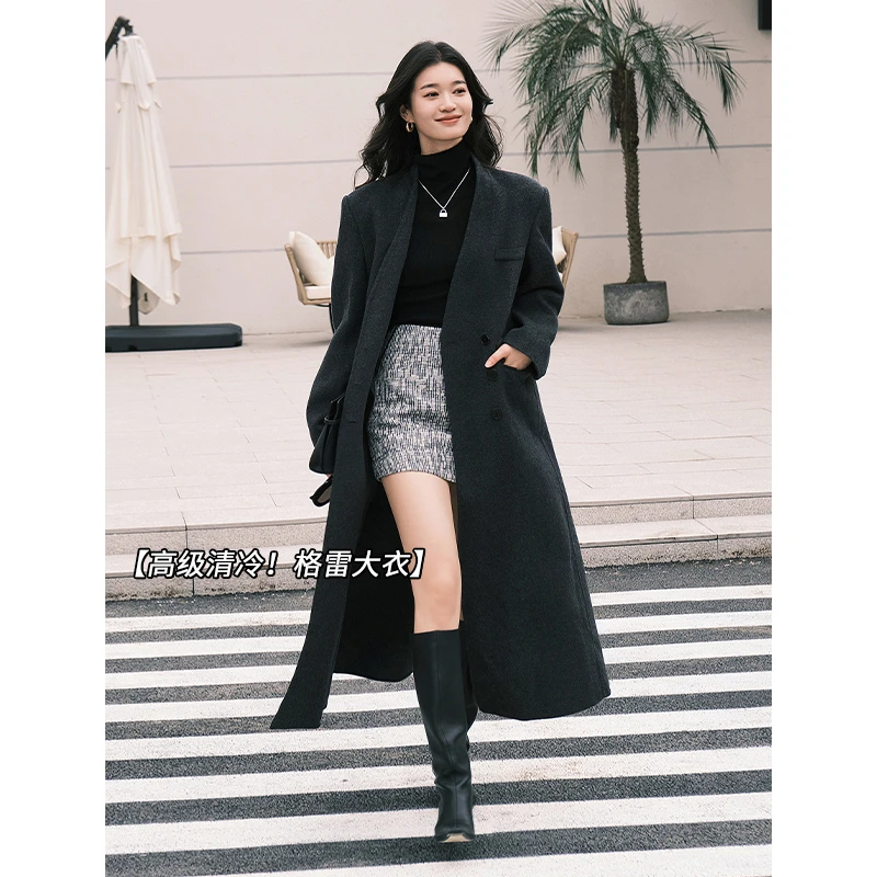 【特价捡漏】格雷大衣高支羊毛简高智排扣收腰长款双面美洋MEIYANG