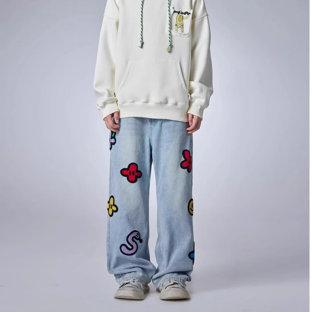 美式微喇牛仔裤男女同款彩色印花刺绣设计感2024秋新款宽松直筒裤