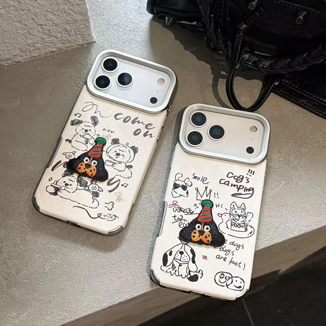 卡通线条小狗刺绣手机壳13适用17promax苹果16情侣15小米17华为