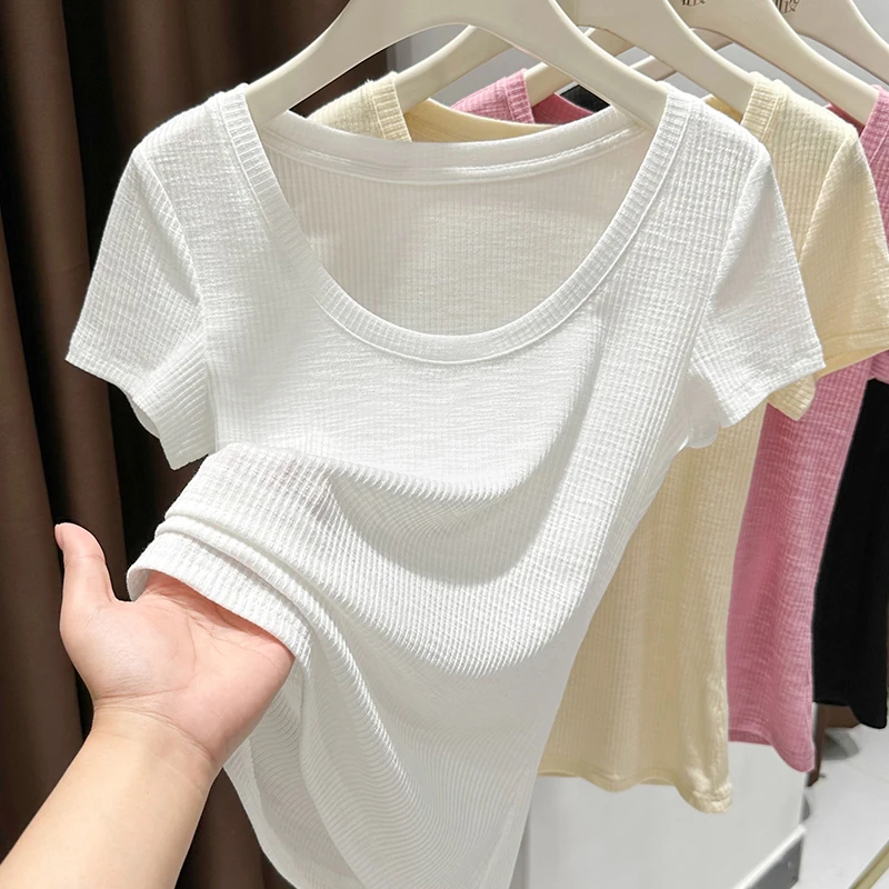 白色大u领正肩修身短袖女t恤夏季新款小众设计感露锁骨上衣打底衫