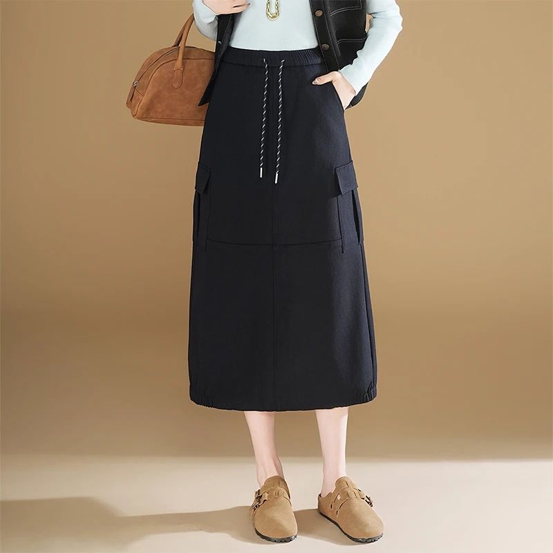 蓝色抽绳半身裙花苞裙女2025秋季新款休闲遮胯中长款工装裙a字裙