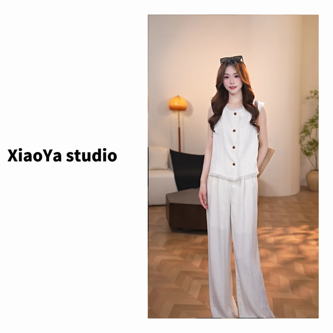 昕昕 2025初夏新款高级显瘦流苏马甲+直筒裤套装女F077